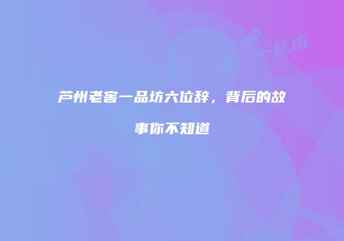 芦州老窖一品坊六位辞，背后的故事你不知道